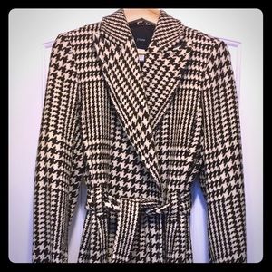 Brown and cream, belted full length wool coat